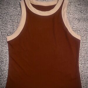 Sleeveless Brown Ribbed Tank with Cream Trim